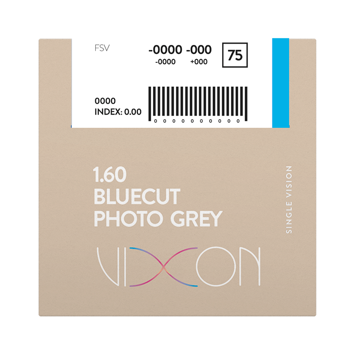 Vixon 1.60 Bluecut Foto Gris SPIN Terminado Visión Simple 70 (SAR AZUL) Rango Extendido